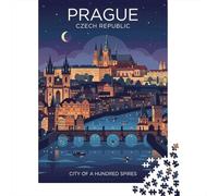 Prague Cityscape at Night Jigsaw Puzzle 1000 Pieces, Asian Architecture Inspired View, Matte Printed Jigsaw, Screen-Free Fun for Travel Lovers, 38x26cm/1000pcs
