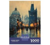 Prague Cityscape Painting 1000 Piece Jigsaw Puzzle, Historic Square Architecture, Weekend Hobby, Matte Printed Jigsaw, Family Night Game for Families, 52x38cm/1000pcs