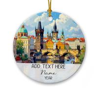 Prague Czech Republic Ceramic Keepsake, Personalized Charles Bridge View Christmas Ornament 2025, Prague Landmark Ornament Xmas Tree, Custom Czech Republic Vacation Ceramic Ornaments with Text & Name