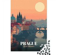 Prague, Czech Republic Travel Poster 1000 Piece Jigsaw Puzzle, Vintage Architecture Destination, Matte Printed Jigsaw for Adults, Family Night Game, Screen-Free Fun, 52x38cm/1000pcs