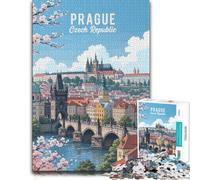 Prague Czech Republic Travel Poster Jigsaw Puzzle for Adults, 1000 Pieces | Puzzle gift for adults with quiet evening activity at home.
