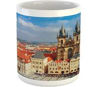 Prague Mug,Czech Republic Scenery Architecture Weathered Middle Age Buildings Panoramic Photo,Ceramic Coffee Mug Cup for Water Tea Drinks,11 oz,Blue Beige