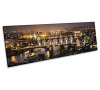Prague Night Skyline CANVAS WALL ART Panoramic Framed Print Picture - 48 inch x 16 inch (20mm deep frame)