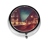 Prague Streets Printed Pill Box 3 Component Mini Small Pill Case Cute Pill Organizer Portable Round Pill Container Holder to Hold Vitamins Medication