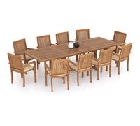 Prague Teak Garden Dining Table and 10 Seat Chair Set - Teak / Table + 10 Chairs + Green Cushions