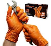 PRAIMA Mechanic Gloves, Diamond Grip Orange Nitrile Disposable Gloves | Powder-Free, Latex-Free, Extra Thick & Strong Rubber Gloves for Work, Automotive, Industrial, and Cleaning Use (XXL, 50, count)