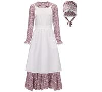 Prairie Dress Women-Pioneer Costume Women Floral 1800s Colonial Dress with Pioneer Bonnet Apron, Purple, XX-Large
