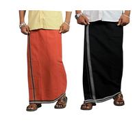 PRAKASAM COTTON Mens colour Thalapathi border Single dhoti/Size1.28X2.00 mtrs/combo pack of 2 dhoties, Black-Kaavi, 1.28x2.00 mtrs