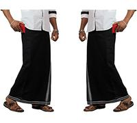 PRAKASAM COTTON Mens Kerala Thalapathi Border 2Way pocket (Right &Left Side) Flexi Size (Adjustable) Readymade Single Multi Colour dhoti/Single dhoti with 2 side Pocket, Black, L