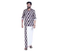 PRAKASAM COTTON Mens Onam Printed Long Sleeve Slim Fit Border Shirt Single Dhoties for Men, Multicolor:3, 44