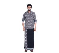 PRAKASAM COTTON Mens Onam Printed Long Sleeve Slim Fit Border Shirt Single Dhoties for Men, Multicoloured, 40, 44