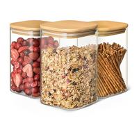 Praknu 3 Square Glass Storage Jars 1 L - Airtight Food Jar with Bamboo Lid | Stack neatly to save room, 6 spare silicone rings, borosilicate, dishwasher safe, for coffee, flour, sugar, pasta, oats