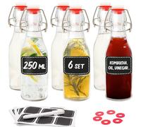 Praknu 6 Glass Bottles with Swing Stoppers 250ml - Airtight Lid - including 12 Labels with Pen - Dishwasher Safe