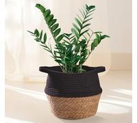 Praknu Decorative Flower Pot Planter - Seagrass Braided with Cotton Diameter 23 cm - Plant Basket Boho Black