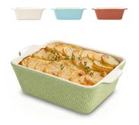Praknu Deep Oven Dish 21 cm Green - Small Ceramic Lasagne Casserole Dish | Extra deep 8 cm sides hold the sauce in, takes tiramisu, cakes and bakes, oven safe to 280 C, feeds 2-3, handles for serving