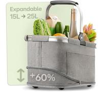 Praknu Foldable Shopping Basket 15-25 L Grey - Collapsible Picnic Tote | Grows with the load, washable cover, aluminium frame and reinforced base, folds flat, inner and outer pockets, 300D fabric