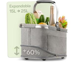 Praknu Foldable Shopping Basket - 2 in 1 Expandable from 15L to 25 L - Removable & Washable Fabric - Stable with Aluminum Frame & Reinforced Base - Extra Inner & Outer Pockets - Grey
