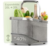 Praknu Foldable Shopping Basket - 2 in 1 Expandable from 25L to 35L - Removable & Washable Fabric - Stable with Aluminum Frame & Reinforced Base - Extra Inner & Outer Pockets - Grey