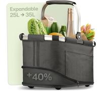 Praknu Foldable Shopping Basket 25-35 L Black - Collapsible Market Tote | Grows with the load, washable cover, aluminium frame and reinforced base, folds flat, inner and outer pockets, 300D fabric