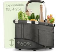 Praknu Foldable Shopping Basket Small - 2 in 1 Expandable from 15L to 25L - Removable & Washable Fabric - Stable with Aluminum Frame & Reinforced Base - Extra Inner & Outer Pockets - Black