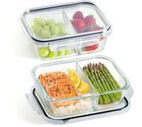 Praknu Glass Containers with Lids - Set of 2 Meal Prep Glass Containers with 2 Compartments - 1 Litre - Airtight - Suitable for Dishwasher, Microwave & Oven