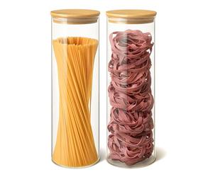 Praknu Glass Jars with Bamboo Lids - Set of 2 Tall 2000ml Round Pasta Jars - Airtight Spaghetti Jar Storage
