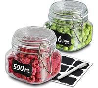 Praknu Glass Jars with Clip Lid - 500ml - 6 Pack - Airtight Storage Jars - 16oz - Incl. Labels, Pen & Extra Silicone Seals - Square Shape - Dishwasher safe