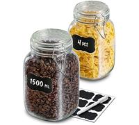 Praknu Glass Jars with Clip Lids - Large 1500ml - 4 Pack - Airtight Storage Jars - With Labels, Pen & Extra Silicone Seals - Square Shape - Dishwasher safe