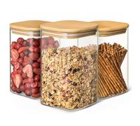 Praknu Glass Storage Jars with Bamboo Lid - Set of 3 Square Food Storage Jars...