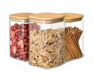 Praknu Glass Storage Jars with Bamboo Lid - Set of 3 Square Food Storage Jars with 6 Silicone Rings - Airtight Glass Jar - 1000ml - Dishwasher Safe
