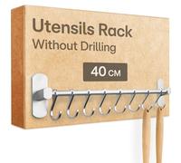 Praknu Kitchen Utensil Hanging Rack 40 cm - Spoon Hook Rail with 8 Hooks | Sticks on without drilling, rustproof aluminium, 8 hooks slide to any spot, for tea towels, pans and ladles, firm hold