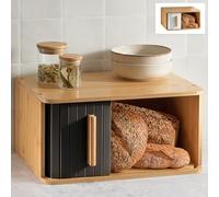 Praknu Large Bread Bin Wooden 40x28 cm Black - Kitchen Bread Storage Box | Keeps bread noticeably fresher, room for several loaves, FSC bamboo, side-opening door, non-slip pads, flat top to stack