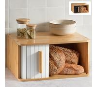 Praknu Large Bread Bin Wooden 40x28 cm White - Kitchen Bread Storage Box | Keeps bread noticeably fresher, room for several loaves, FSC bamboo, side-opening door, non-slip pads, flat top to stack