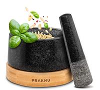 Praknu Pestle and Mortar Granite 15cm - Extra Long Pestle & Elegant FSC® Wooden Base - Perfect for Spices, Herbs or Nuts - Easy to Clean - Large
