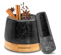 Praknu Pestle and Mortar Set Small 10 cm Granite - Mortar and Pestle Bowl | Grinds spices fresh and fine, for pepper, cumin and chilli, rough inside, odour free, FSC coaster keeps the worktop safe