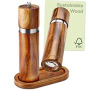 Praknu Salt and Pepper Grinder Set Acacia Wood - Wooden Salt Pepper Mills | Ceramic mechanism adjusts fine to coarse, sustainable FSC wood, matching tray keeps the table clean, unique natural grain