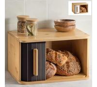 Praknu Small Bread Bin Wooden 33x23 cm Black - Compact Bread Storage Box | Keeps bread noticeably fresher, saves room on the worktop, FSC bamboo, side-opening door, non-slip pads, flat top to stack