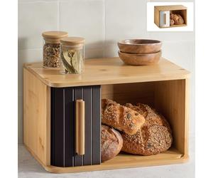Praknu Small Bread Bin Wooden 33x23 cm Black - Compact Bread Storage Box | Keeps bread noticeably fresher, saves room on the worktop, FSC bamboo, side-opening door, non-slip pads, flat top to stack