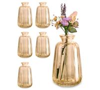Praknu Small Glass Vases - Set of 6 Gold Bud Vases - Vintage-Style - Ribbed - Small Vases for Flowers - Glass Vase for Wedding Table Decoration