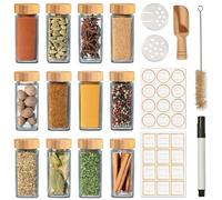 Praknu Square Spice Jars with Bamboo Lids - 12 Glass Spice Organiser 120ml - Seasoning Container with Sprinkle Insert - Incl. labels for Labelling, Cleaning Brush & Wooden Spoon
