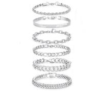 pralajew 6PCS Stainless Steel Chain Bracelets for Men Women, Chunky Cuban Curb Rope Figaro Cable Herringbone Stackable Chain Bracelet Sets Gift Jewelry, 8.3 INCH, Stainless Steel, no gemstone