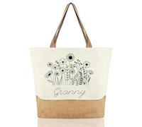 Pralen Granny Gift Tote Bag with Floral Design, Granny Cotton Linen Shopper Bag, Practical Shopping Tote Gift for Birthday Mother's Day Grandma, Reusable Shoulder Bags for Picnic Travel Everyday Use