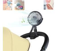 Pram Fan Clip on Stroller - USB Rechargeable Pram Fan with Night Light, 500mAh 3-Speed Portable Clip-On/Handheld Personal Cooling Fans for Baby Stroller, Car Seat, Bike, Camping, Travel (Black)