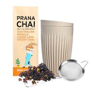 Prana Chai Original Masala Blend 250g + Huskee 12oz Cup with Lid + stainless steel fine mesh strainer