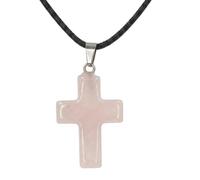 Prana Gift Natural Pink Quartz Cross Necklace, Faux Leather Cord, 1 Inch