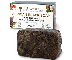 PraNaturals 100% Organic Raw African Black Soap 200g, Ethically Sourced and Handcrafted in Ghana, For All Skin Types, Detoxifying and Anti-Ageing All Pure Natural, Vegan, Unprocessed