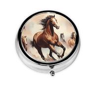 Prancing Brown Horse Mini Round Pill Box, can be Put into Wallet, Pocket, Light and Convenient, 3 Compartment Pill Box, Portable Pill Box,