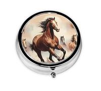 Prancing Brown Horse Round Mini Pill Box, 3 Compartment Pill Box, Portable Pill Box, can be Put into Wallet, Pocket, Light and Convenient