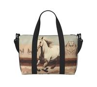 Prancing White Horse Printed Tote Travel Bag With Adjustable Shoulder Strap Suitable For Travel And Sports