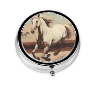 Prancing White Horse This Small, Printed, Round Pill Box is a Portable Pill and Vitamin Organizer Perfect for Pockets, Purses, and Travel.